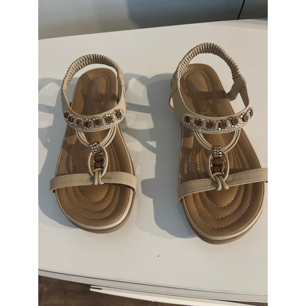 Shibever Womens Beige Beaded Boho T-Strap Elastic Slingback Flat Sandals Size 42